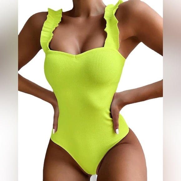 Lime Green Ruffled One Piece swimsuit size M - Picture 1 of 7